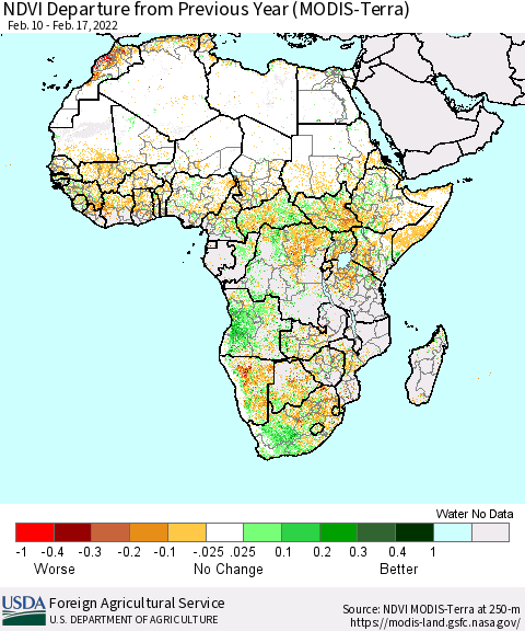 Africa NDVI Departure from Previous Year (Terra-MODIS) Thematic Map For 2/11/2022 - 2/20/2022