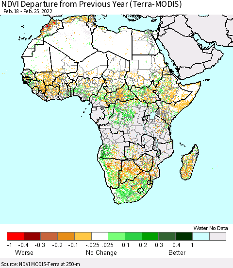 Africa NDVI Departure from Previous Year (Terra-MODIS) Thematic Map For 2/18/2022 - 2/25/2022