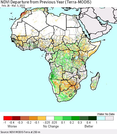 Africa NDVI Departure from Previous Year (Terra-MODIS) Thematic Map For 2/26/2022 - 3/5/2022