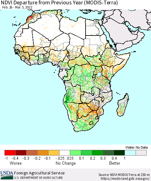 Africa NDVI Departure from Previous Year (Terra-MODIS) Thematic Map For 3/1/2022 - 3/10/2022