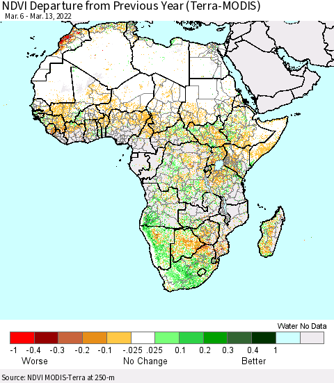 Africa NDVI Departure from Previous Year (Terra-MODIS) Thematic Map For 3/6/2022 - 3/13/2022