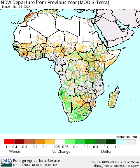 Africa NDVI Departure from Previous Year (Terra-MODIS) Thematic Map For 3/11/2022 - 3/20/2022