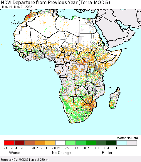 Africa NDVI Departure from Previous Year (Terra-MODIS) Thematic Map For 3/14/2022 - 3/21/2022