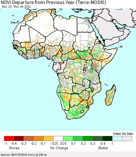 Africa NDVI Departure from Previous Year (Terra-MODIS) Thematic Map For 3/22/2022 - 3/29/2022