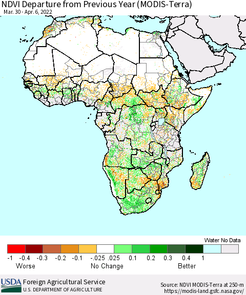 Africa NDVI Departure from Previous Year (Terra-MODIS) Thematic Map For 4/1/2022 - 4/10/2022