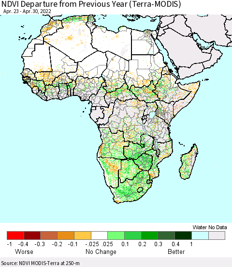Africa NDVI Departure from Previous Year (Terra-MODIS) Thematic Map For 4/21/2022 - 4/30/2022