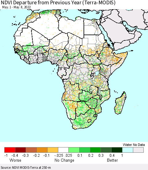 Africa NDVI Departure from Previous Year (Terra-MODIS) Thematic Map For 5/1/2022 - 5/8/2022