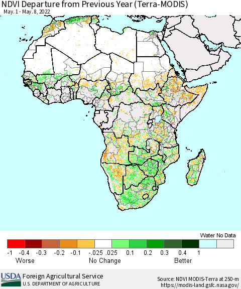 Africa NDVI Departure from Previous Year (Terra-MODIS) Thematic Map For 5/1/2022 - 5/10/2022