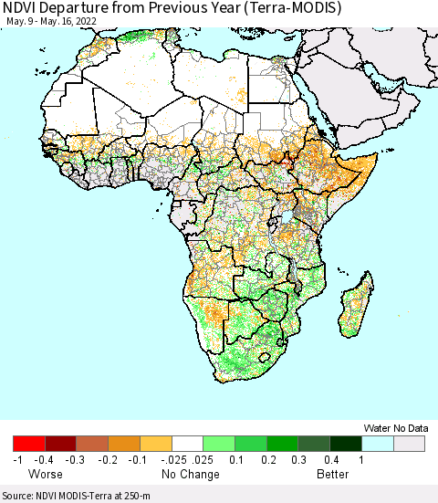 Africa NDVI Departure from Previous Year (Terra-MODIS) Thematic Map For 5/9/2022 - 5/16/2022