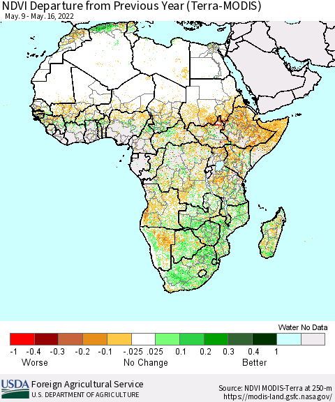 Africa NDVI Departure from Previous Year (Terra-MODIS) Thematic Map For 5/11/2022 - 5/20/2022