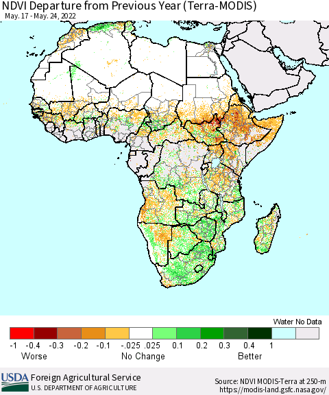 Africa NDVI Departure from Previous Year (Terra-MODIS) Thematic Map For 5/21/2022 - 5/31/2022