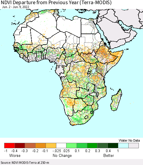 Africa NDVI Departure from Previous Year (Terra-MODIS) Thematic Map For 6/2/2022 - 6/9/2022