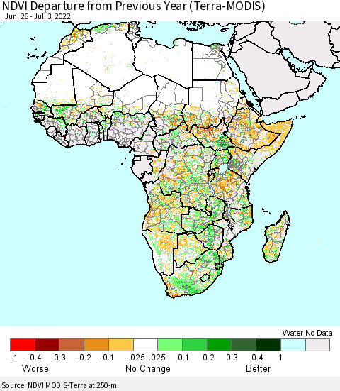 Africa NDVI Departure from Previous Year (Terra-MODIS) Thematic Map For 6/26/2022 - 7/3/2022