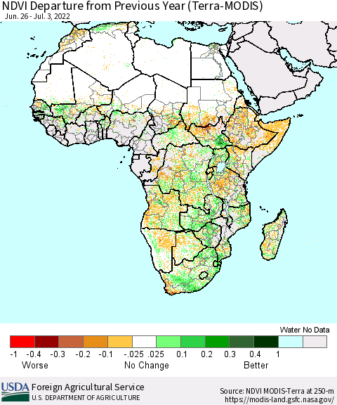Africa NDVI Departure from Previous Year (Terra-MODIS) Thematic Map For 7/1/2022 - 7/10/2022