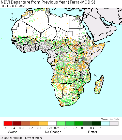 Africa NDVI Departure from Previous Year (Terra-MODIS) Thematic Map For 7/4/2022 - 7/11/2022