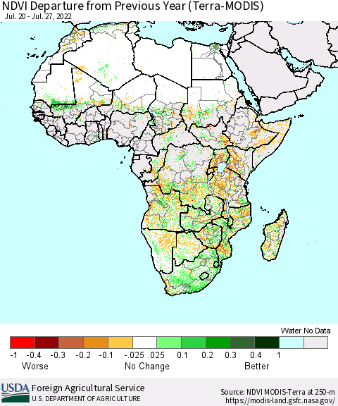 Africa NDVI Departure from Previous Year (Terra-MODIS) Thematic Map For 7/21/2022 - 7/31/2022