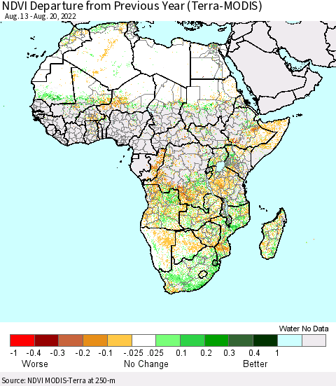 Africa NDVI Departure from Previous Year (Terra-MODIS) Thematic Map For 8/11/2022 - 8/20/2022