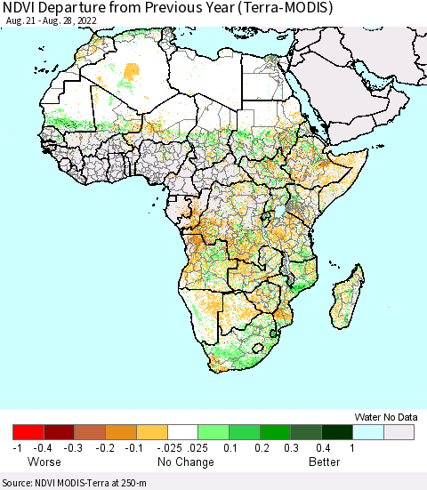 Africa NDVI Departure from Previous Year (Terra-MODIS) Thematic Map For 8/21/2022 - 8/28/2022