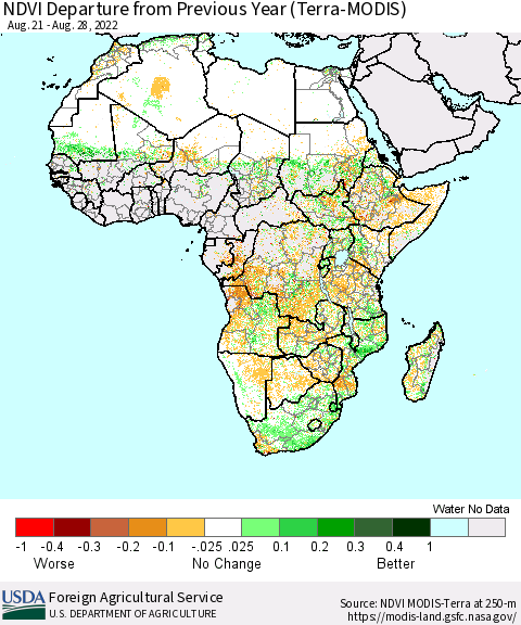 Africa NDVI Departure from Previous Year (Terra-MODIS) Thematic Map For 8/21/2022 - 8/31/2022