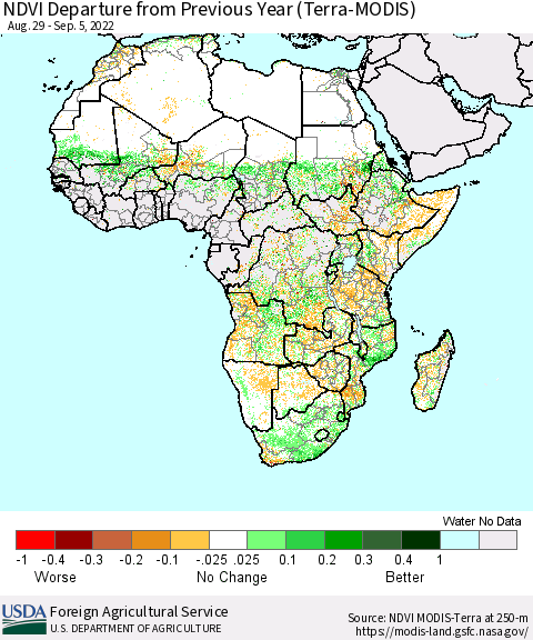 Africa NDVI Departure from Previous Year (Terra-MODIS) Thematic Map For 9/1/2022 - 9/10/2022