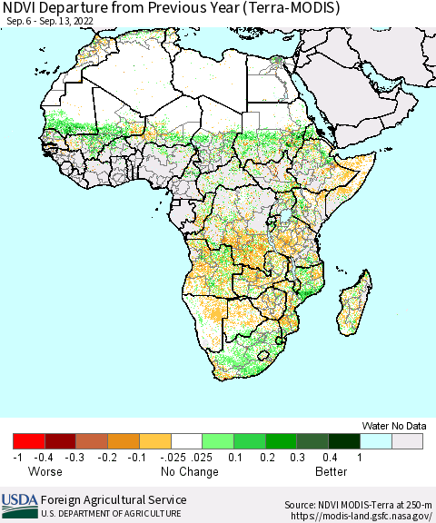 Africa NDVI Departure from Previous Year (Terra-MODIS) Thematic Map For 9/11/2022 - 9/20/2022