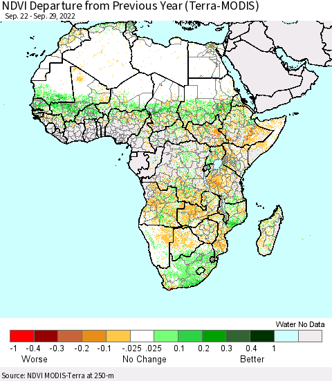 Africa NDVI Departure from Previous Year (Terra-MODIS) Thematic Map For 9/22/2022 - 9/29/2022
