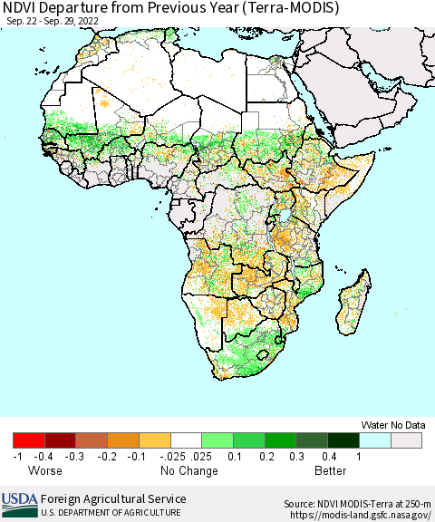 Africa NDVI Departure from Previous Year (Terra-MODIS) Thematic Map For 9/21/2022 - 9/30/2022