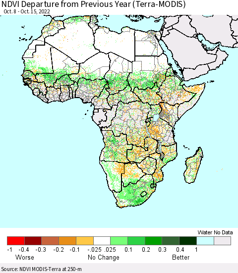 Africa NDVI Departure from Previous Year (Terra-MODIS) Thematic Map For 10/8/2022 - 10/15/2022