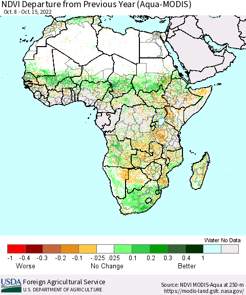 Africa NDVI Departure from Previous Year (Terra-MODIS) Thematic Map For 10/11/2022 - 10/20/2022