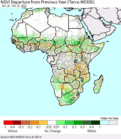 Africa NDVI Departure from Previous Year (Terra-MODIS) Thematic Map For 10/21/2022 - 10/31/2022