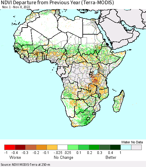 Africa NDVI Departure from Previous Year (Terra-MODIS) Thematic Map For 11/1/2022 - 11/8/2022