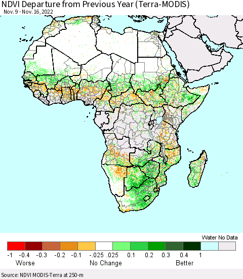 Africa NDVI Departure from Previous Year (Terra-MODIS) Thematic Map For 11/9/2022 - 11/16/2022