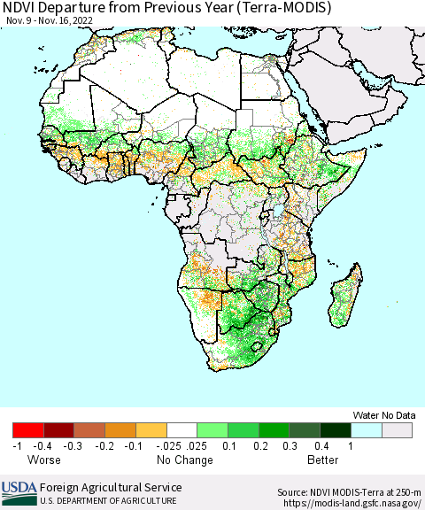 Africa NDVI Departure from Previous Year (Terra-MODIS) Thematic Map For 11/11/2022 - 11/20/2022