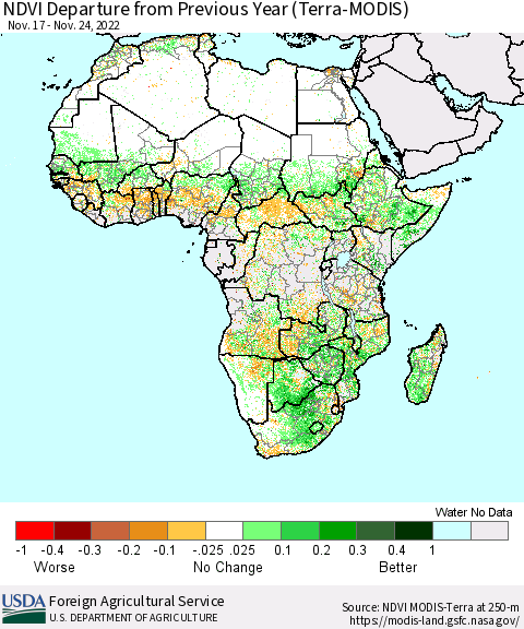 Africa NDVI Departure from Previous Year (Terra-MODIS) Thematic Map For 11/21/2022 - 11/30/2022