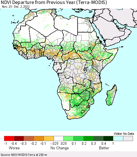 Africa NDVI Departure from Previous Year (Terra-MODIS) Thematic Map For 11/25/2022 - 12/2/2022