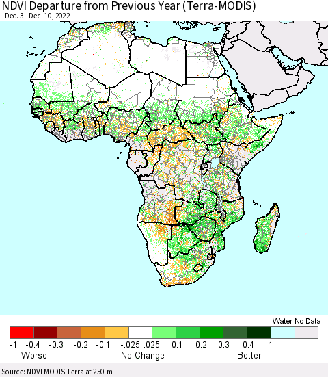 Africa NDVI Departure from Previous Year (Terra-MODIS) Thematic Map For 12/3/2022 - 12/10/2022