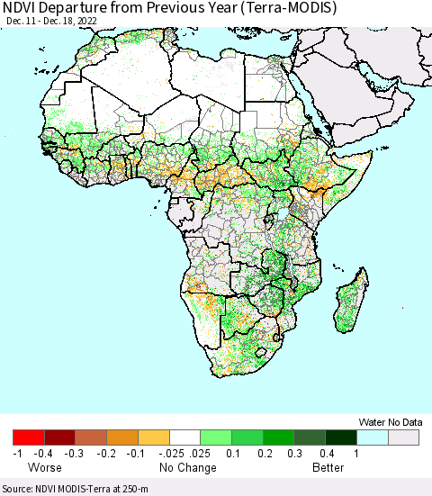 Africa NDVI Departure from Previous Year (Terra-MODIS) Thematic Map For 12/11/2022 - 12/18/2022