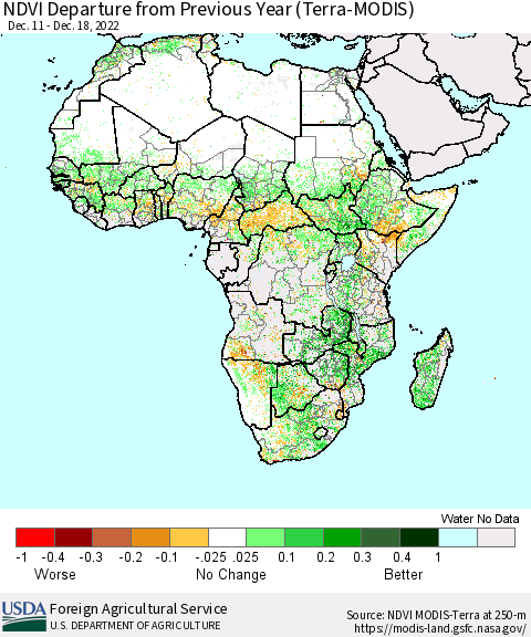 Africa NDVI Departure from Previous Year (Terra-MODIS) Thematic Map For 12/11/2022 - 12/20/2022