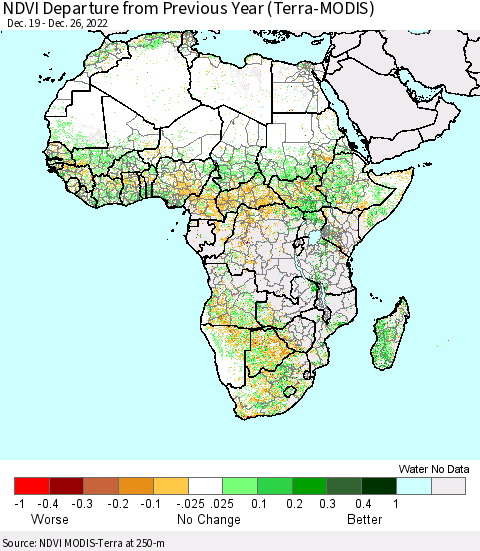 Africa NDVI Departure from Previous Year (Terra-MODIS) Thematic Map For 12/19/2022 - 12/26/2022