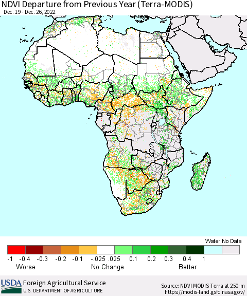 Africa NDVI Departure from Previous Year (Terra-MODIS) Thematic Map For 12/21/2022 - 12/31/2022