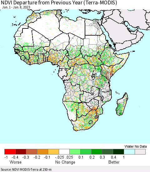Africa NDVI Departure from Previous Year (Terra-MODIS) Thematic Map For 1/1/2023 - 1/8/2023