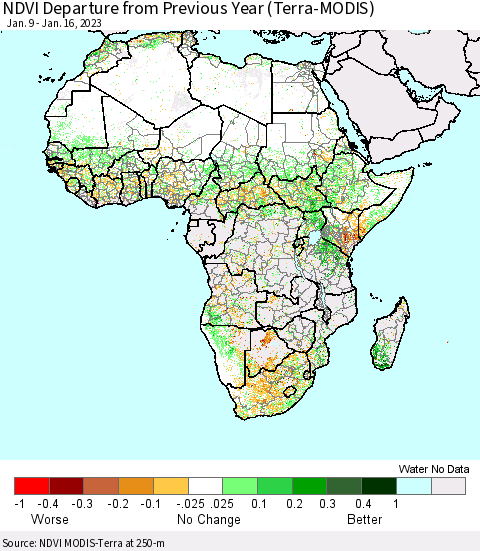 Africa NDVI Departure from Previous Year (Terra-MODIS) Thematic Map For 1/9/2023 - 1/16/2023