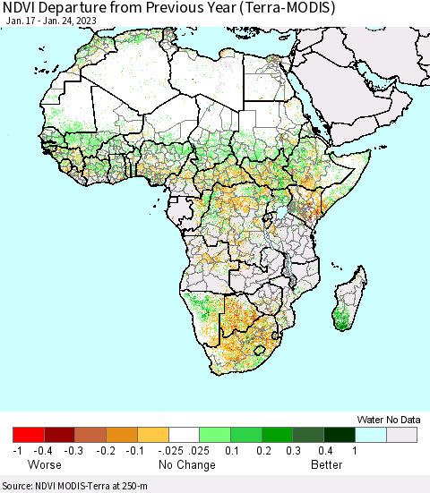 Africa NDVI Departure from Previous Year (Terra-MODIS) Thematic Map For 1/17/2023 - 1/24/2023