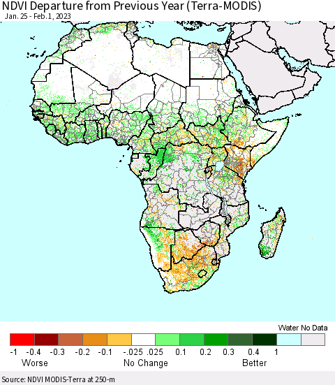 Africa NDVI Departure from Previous Year (Terra-MODIS) Thematic Map For 1/25/2023 - 2/1/2023