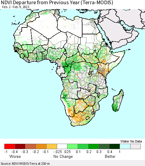 Africa NDVI Departure from Previous Year (Terra-MODIS) Thematic Map For 2/2/2023 - 2/9/2023