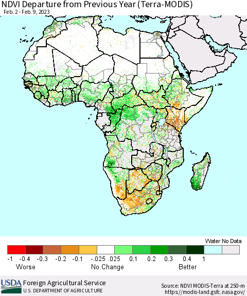 Africa NDVI Departure from Previous Year (Terra-MODIS) Thematic Map For 2/1/2023 - 2/10/2023