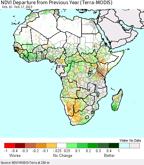 Africa NDVI Departure from Previous Year (Terra-MODIS) Thematic Map For 2/10/2023 - 2/17/2023