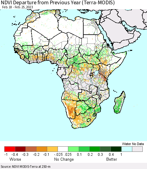 Africa NDVI Departure from Previous Year (Terra-MODIS) Thematic Map For 2/18/2023 - 2/25/2023