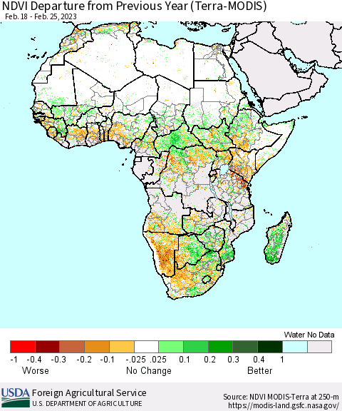 Africa NDVI Departure from Previous Year (Terra-MODIS) Thematic Map For 2/21/2023 - 2/28/2023