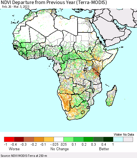 Africa NDVI Departure from Previous Year (Terra-MODIS) Thematic Map For 2/26/2023 - 3/5/2023